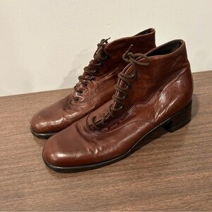 Vintage Leather Granny Boots Brown Lace Up Heeled Ankle Size 10